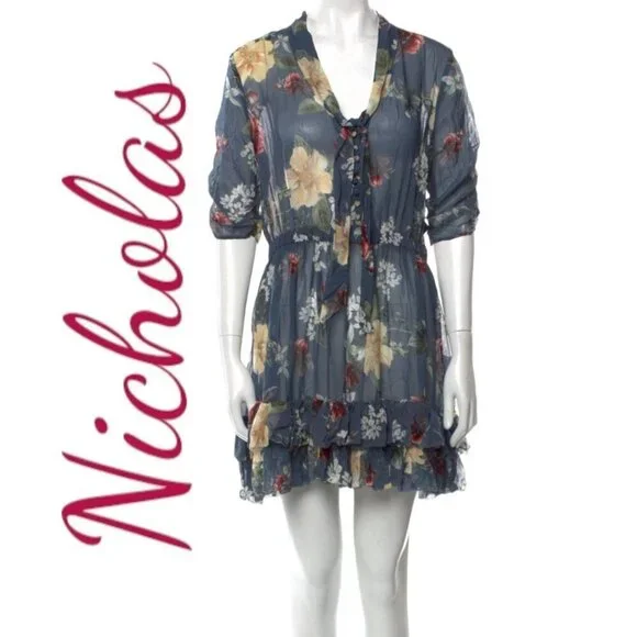 NWT NICHOLAS 100% Silk Floral Ruffled Mini Dress,‎ Size 8 - Picture 5 of 12